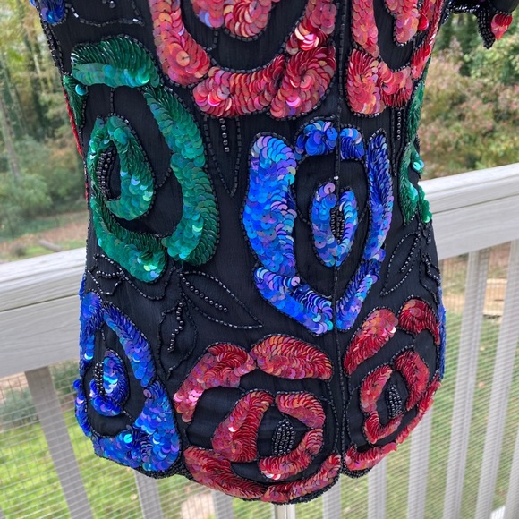 Vintage 80s Beaded Sequin Floral Silk Formal Top - Picture 8 of 13